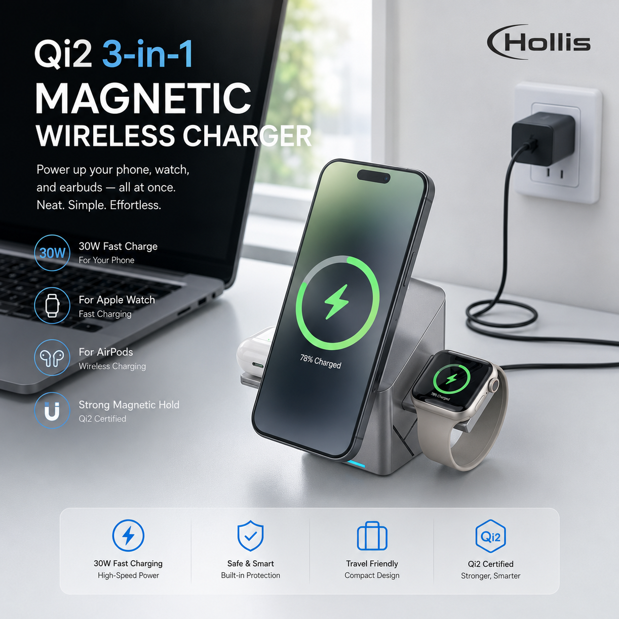 Hollis PivotCharge 3-in-1 Qi2 Stand