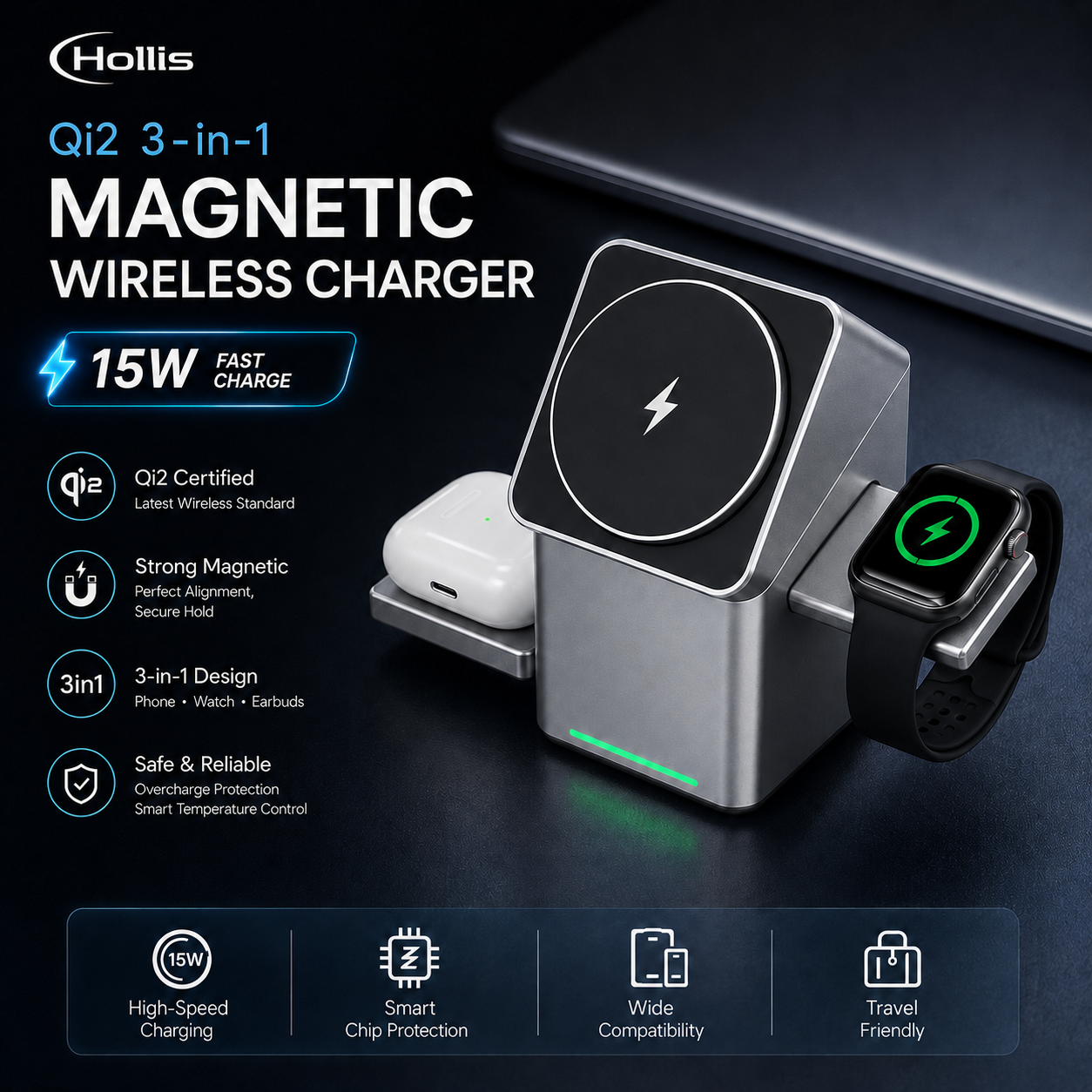 Hollis PivotCharge 3-in-1 Qi2 Stand